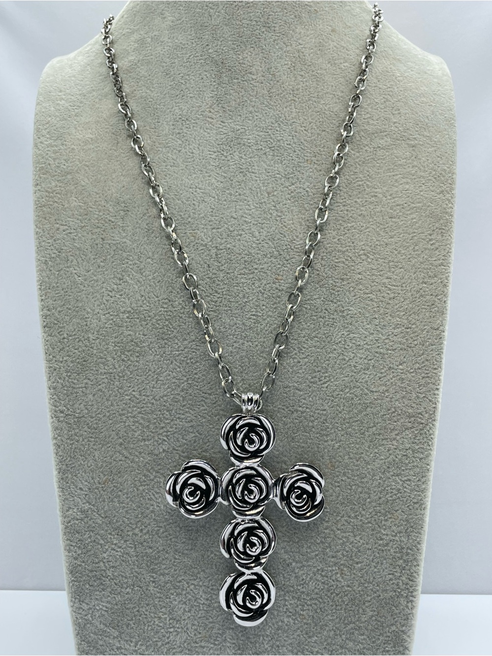 Silver Tone Rose Cross Pendant Chain Necklace Floral Faith Statement